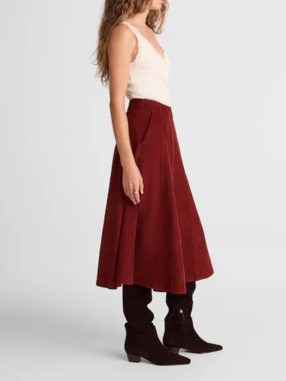 Madewell Women's drapey corduroy Midi A-Line Skirt in rust orange